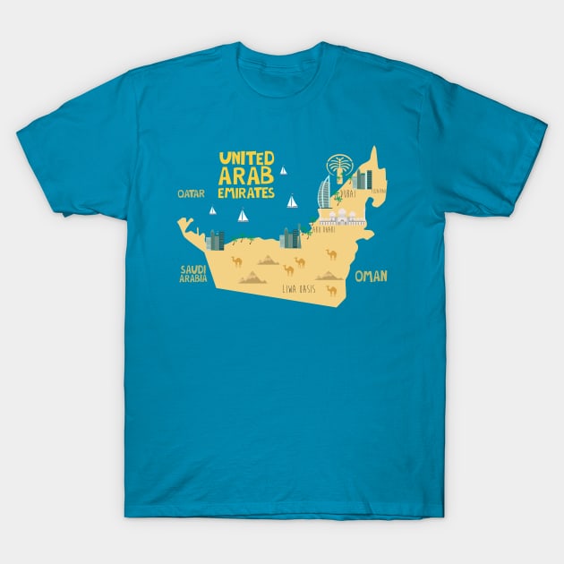 United Arab Emirates Illustrated Map T-Shirt by JunkyDotCom